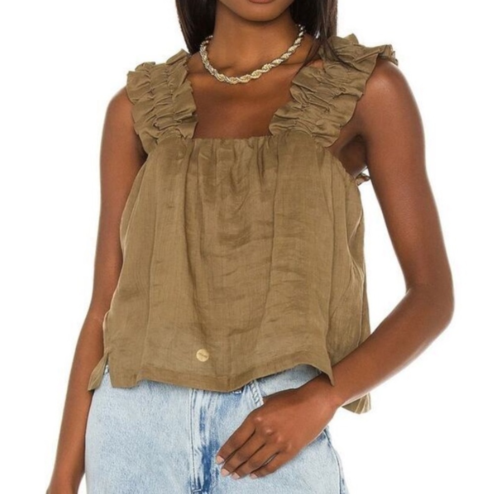 Frame Ruffle Strap Tank Top Button Back Moss Green Square Neck Size XL - Picture 2 of 13